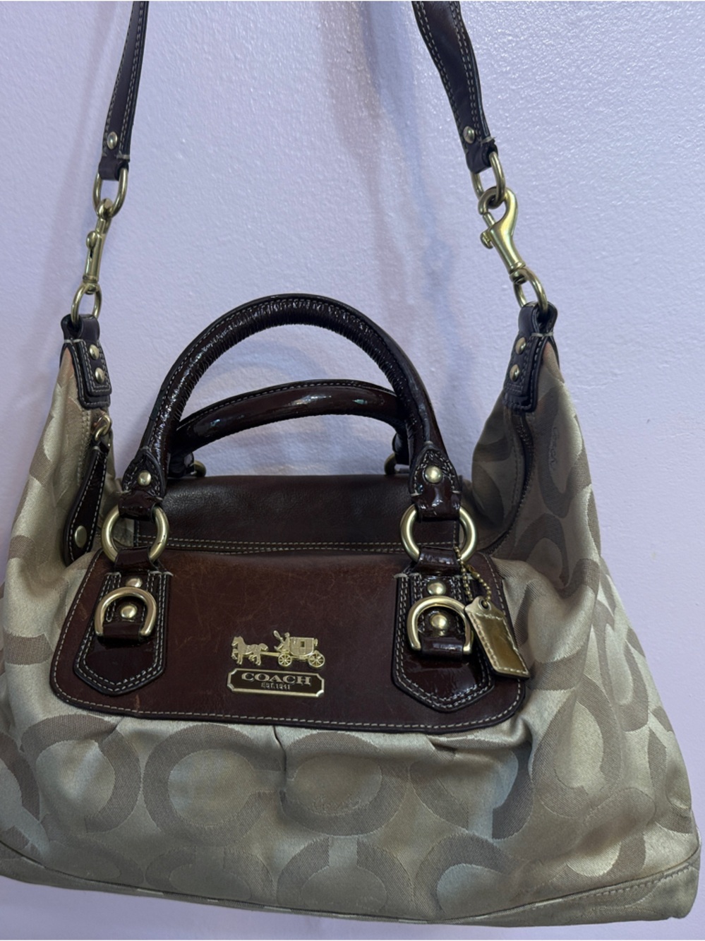 Coach Khaki Signature Canvas Tote with Brown Leather Trim